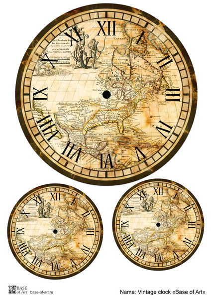Декупажная карта Винтажные часы с картой Base of Art